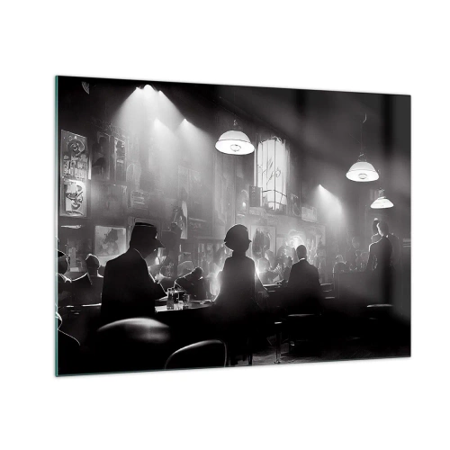 Billede på glas - Sort og hvid jazzscene i et klubinteriør - 70x50cm - I en jazzet stemning - Moderne vægdekoration til stue og soveværelse ARTTOR