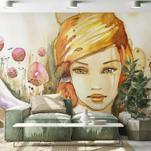 Fototapet Standard Eco - Akvarel illustration af en pige med rødt hår - 100x70cm - Smaragdblikket, der dulmer vreden - Moderne vægdekoration til stue og soveværelse ARTTOR