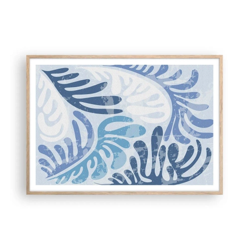 Plakat i ramme af lyst egetræ - Blå bregner - 100x70 cm