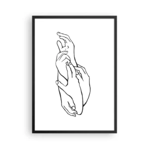 Plakat i sort ramme - En minimalistisk skitse af foldede hænder på en hvid baggrund. - 50x70cm - God berøring - Moderne vægdekoration til stue og soveværelse ARTTOR