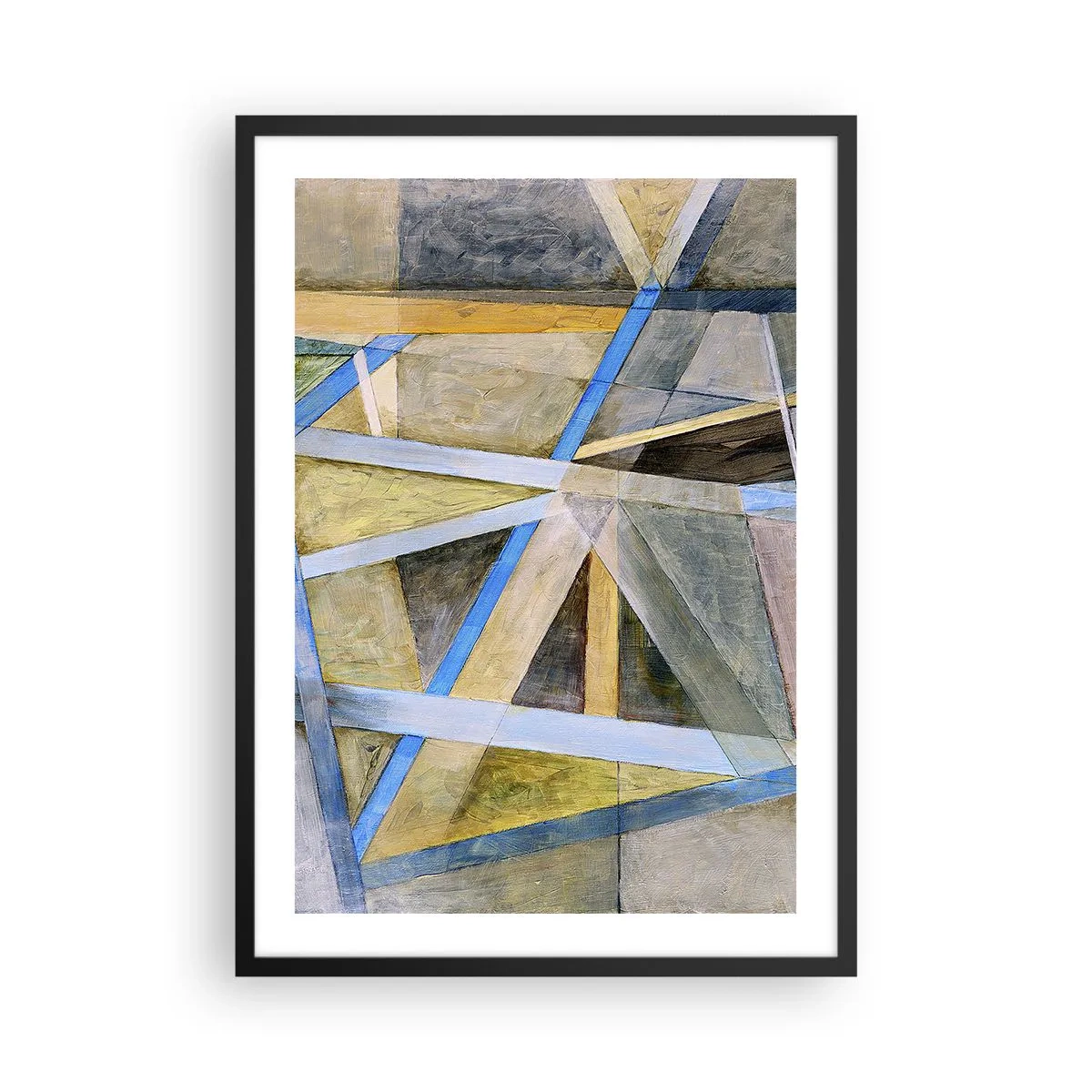 Plakat i sort ramme - Geometrisk abstraktion med nuancer af blå og guld - 50x70cm - Lige eller skråt? - Moderne vægdekoration til stue og soveværelse ARTTOR