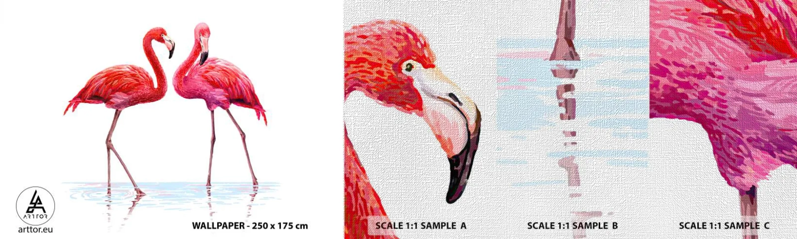 Prøve Fototapet Premium Canvas - Lyserødt randez-vous - Flamingoer, Fugle, Stykke - 100x30 cm