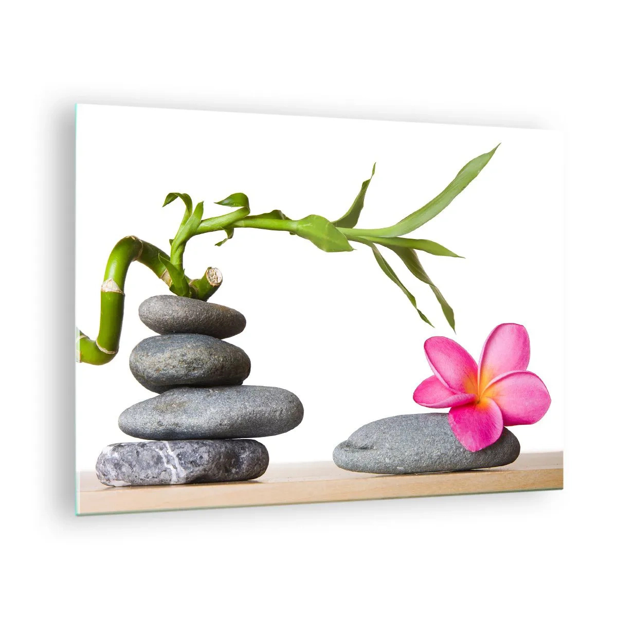 Billede på glas - Bambus, lyserød blomst og sten på en hvid baggrund - 70x50cm - Livets og varighedens farver - Moderne vægdekoration til stue og soveværelse ARTTOR