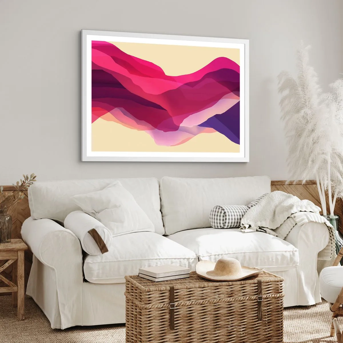 Plakat i hvid ramme - Bølger i lilla - 100x70 cm