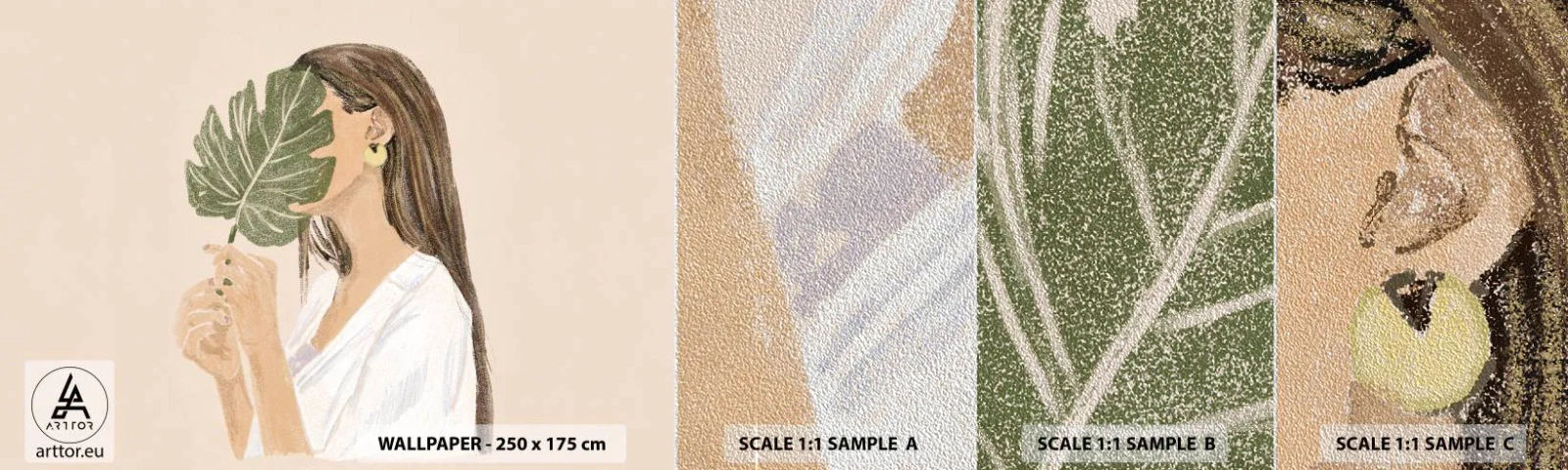 Prøve Fototapet Premium Sand - Mystisk portræt med en vifte - Blad, Kvinde, Boho - 100x30 cm