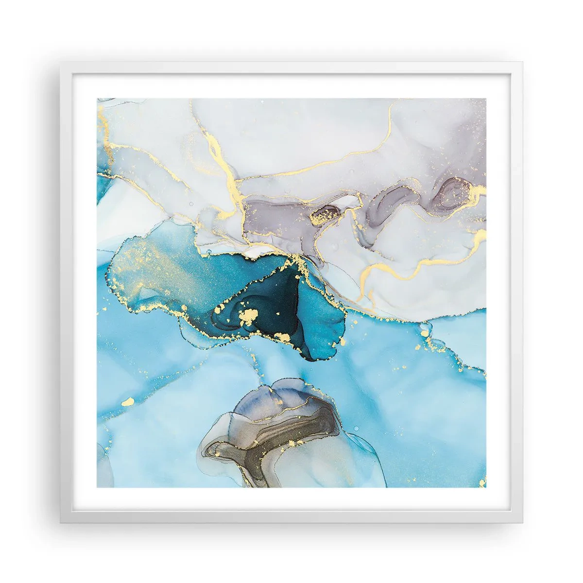 Plakat i hvid ramme - En undersøgelse af mødet mellem grå og turkis - 60x60 cm