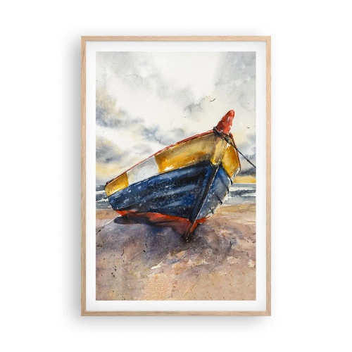 Plakat i ramme af lyst egetræ - Hvile på stranden - 61x91 cm