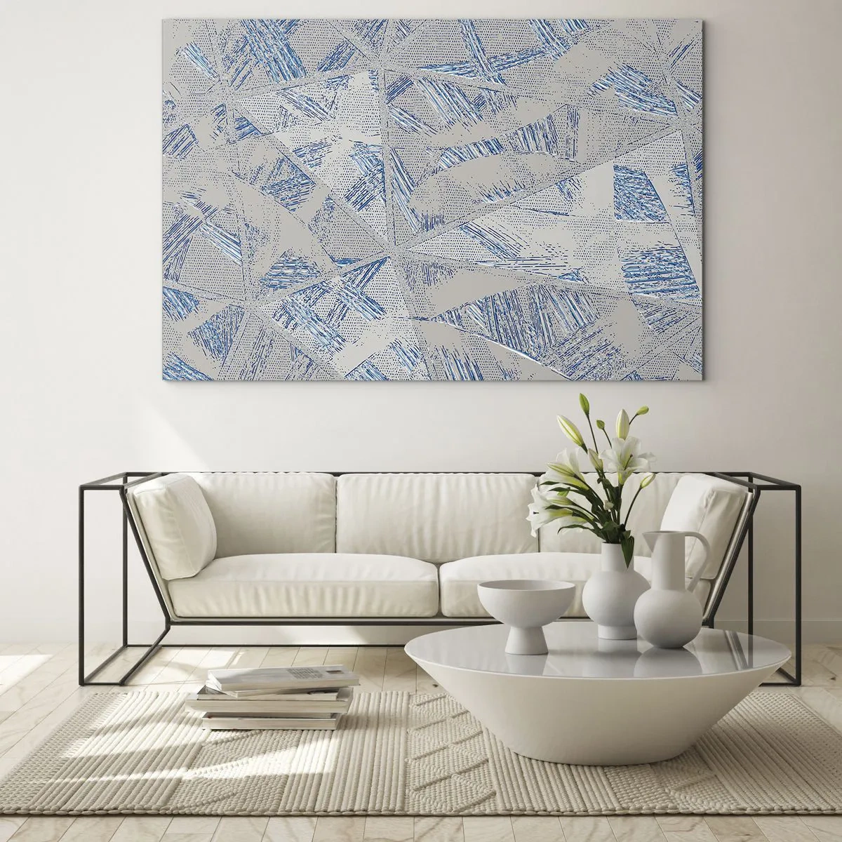 Billede på glas - Geometriske mønstre i nuancer af grå og blå - 70x50cm - I en gråblå labyrint - Moderne vægdekoration til stue og soveværelse ARTTOR