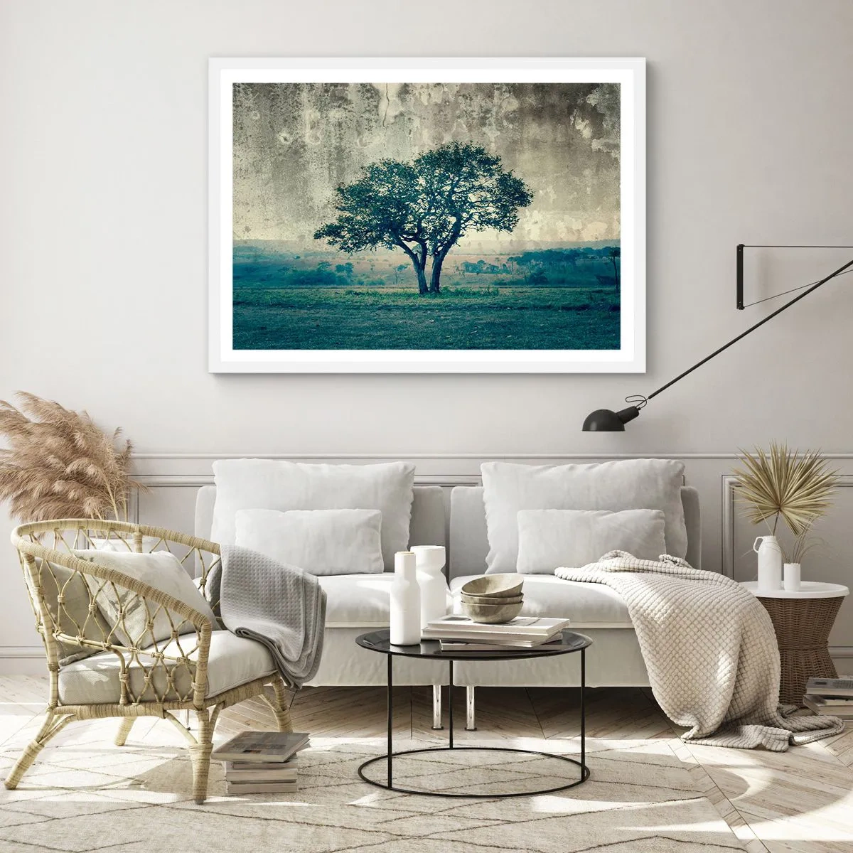 Plakat i hvid ramme - Et æbletræ på en blå membran? - 100x70 cm