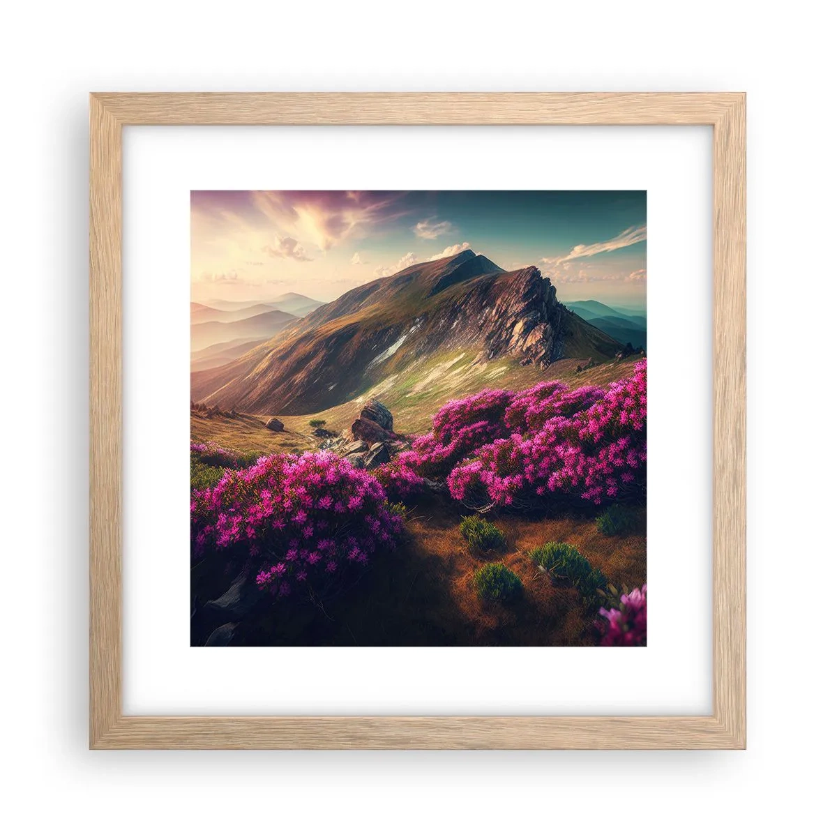 Plakat i ramme af lyst egetræ - Sommer i bjergene - 30x30 cm