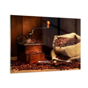 Billede på glas - Stilleben med kaffebønner og kværn - 100x70 cm