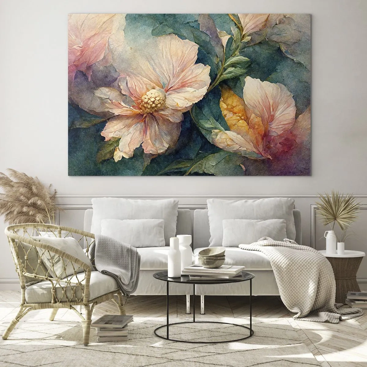 Billede på glas - Fine blomster i pastelfarvede akvarelfarver - 70x50cm - Subtiliteten selv - Moderne vægdekoration til stue og soveværelse ARTTOR
