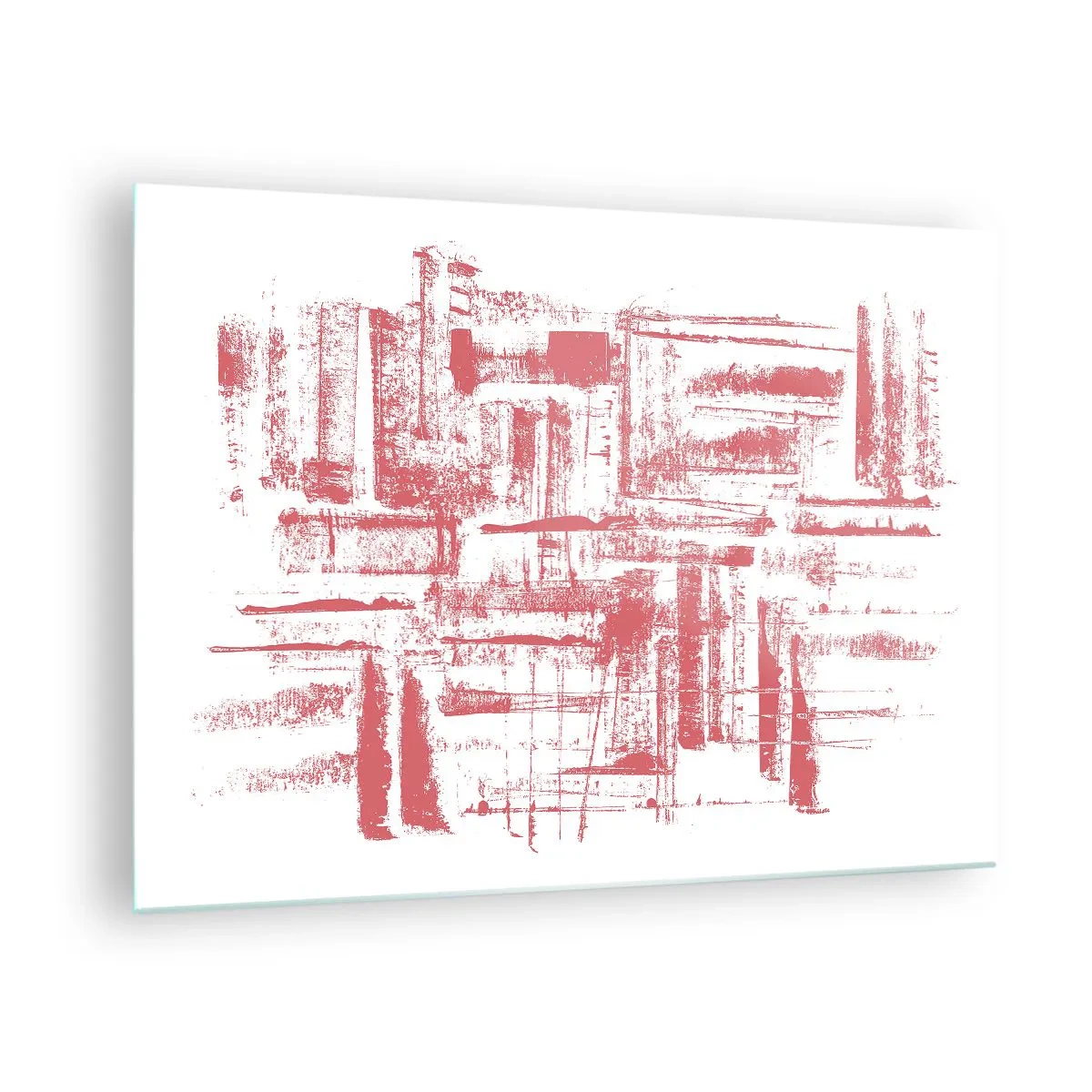Billede på glas - En abstrakt komposition i rødt, der ligner omridset af byarkitektur. - 70x50cm - Rød by - Moderne vægdekoration til stue og soveværelse ARTTOR