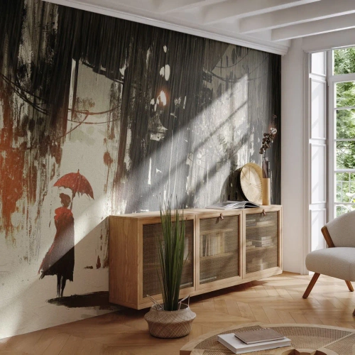 Fototapet Standard Eco - Den røde paraplys poesi - By, Kvinde, Arkitektur - 250x175 cm