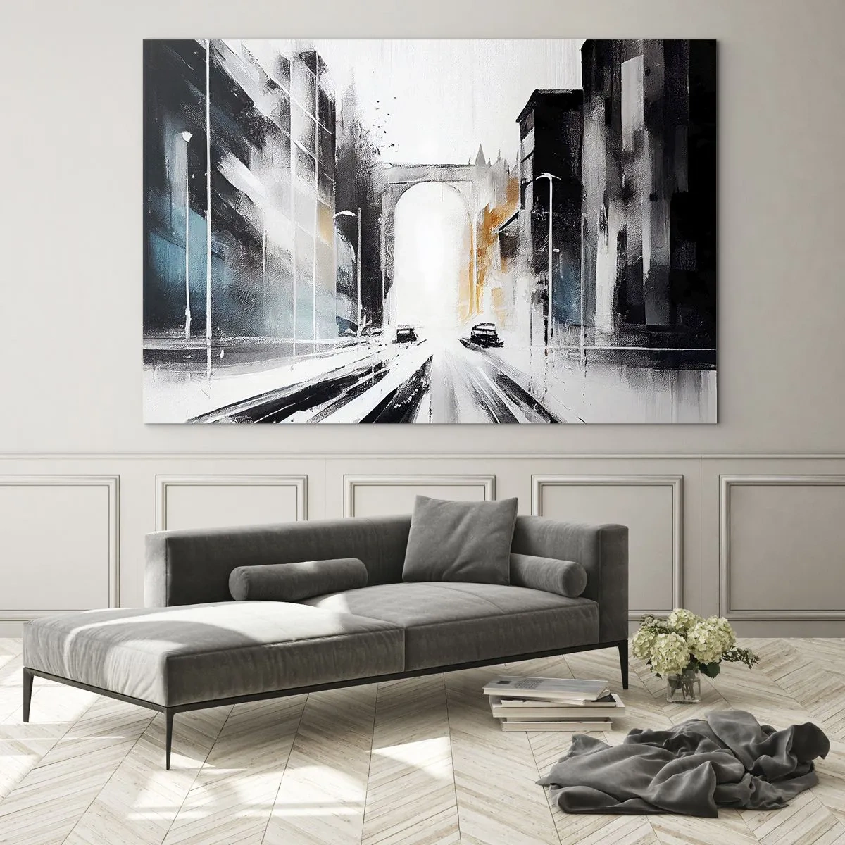Billede på glas - En dynamisk bygade med biler og en bue i baggrunden i malerisk stil. - 70x50cm - Bystudie: arkitektur og bevægelse - Moderne vægdekoration til stue og soveværelse ARTTOR