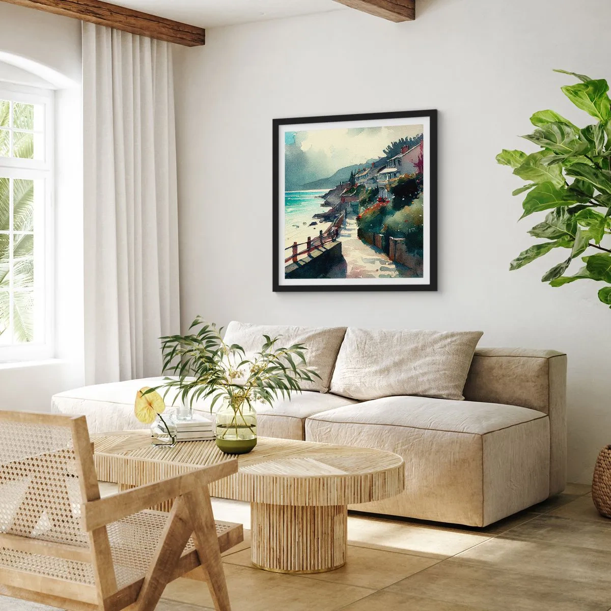 Plakat i sort ramme - Middelhavsby - 40x40 cm