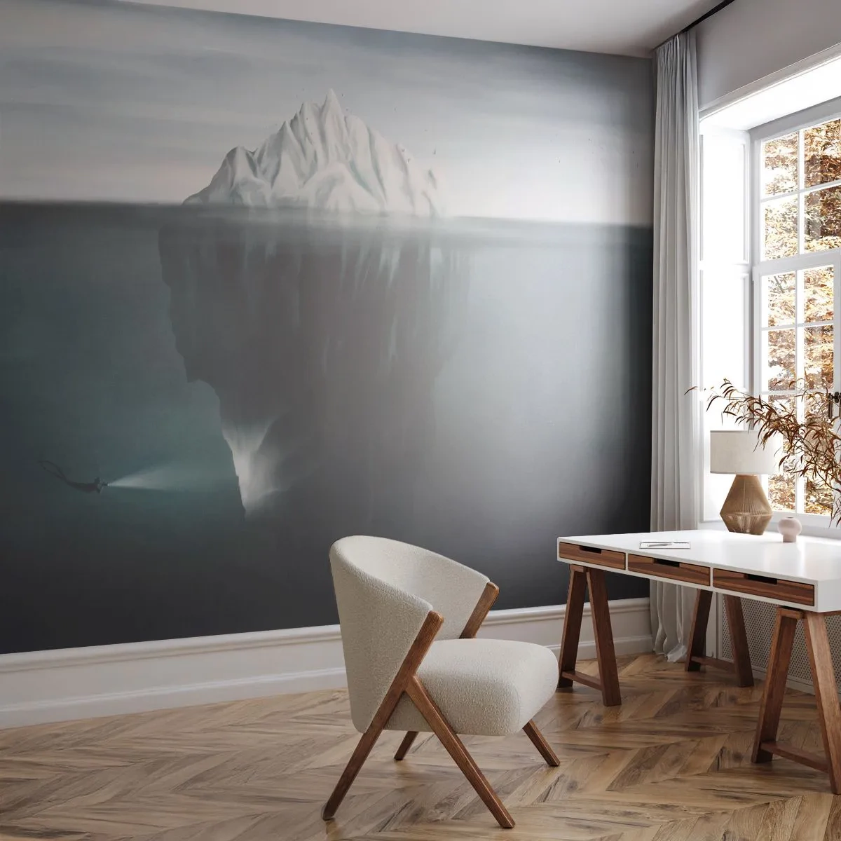 Fototapet Premium Canvas - Undervands-mysterium - Isbjerg, Gletscher, Dykker - 300x210 cm