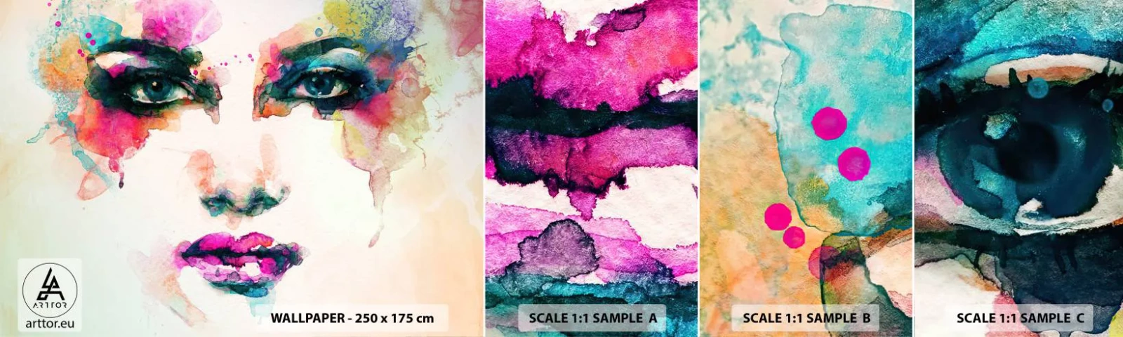 Prøve Fototapet Selvklæbende Deluxe Sticker - Portræt malet med en regnbue - Abstraktion, Kvindens ansigt, Stykke - 100x30 cm