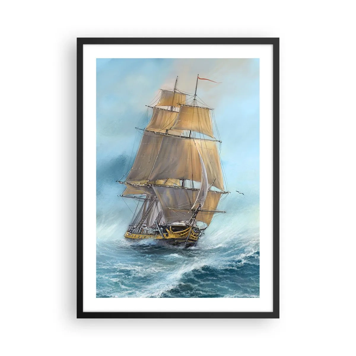 Plakat i sort ramme - Et sejlskib, der sejler gennem et stormfuldt hav i realistisk stil - 50x70cm - Bølgende gennem bølgerne - Moderne vægdekoration til stue og soveværelse ARTTOR