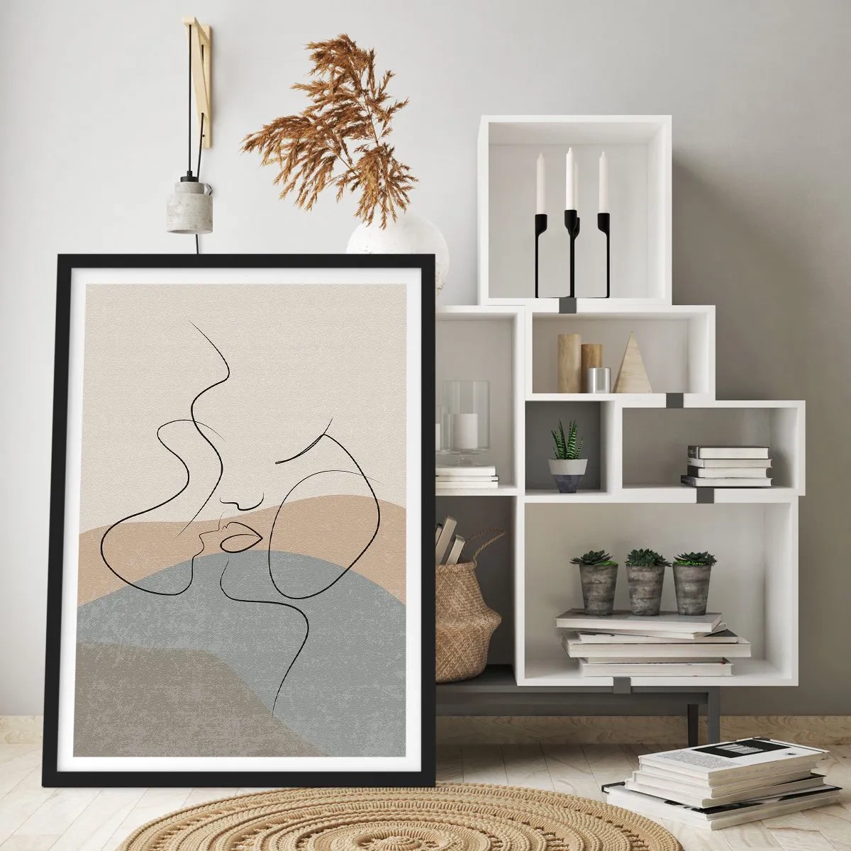 Plakat i sort ramme - En minimalistisk linje, der skaber et feminint ansigt - 50x70cm - Som et penselstrøg - Moderne vægdekoration til stue og soveværelse ARTTOR