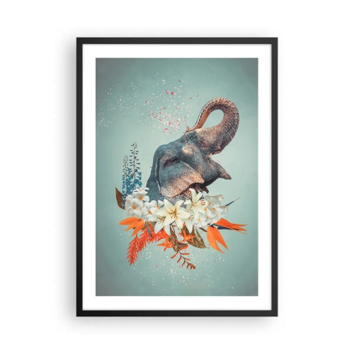 Plakat i sort ramme - En elefant blandt blomster i en surrealistisk komposition - 50x70cm - Brøl af glæde - Moderne vægdekoration til stue og soveværelse ARTTOR
