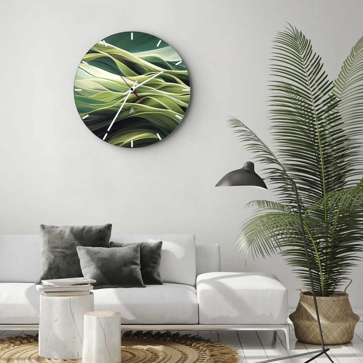 Vægur, Uret - Grønne bølger i en abstrakt, dynamisk komposition - 30x30cm - Et abstrakt spil med grønt - Moderne vægdekoration til stue, køkken og soveværelse ARTTOR