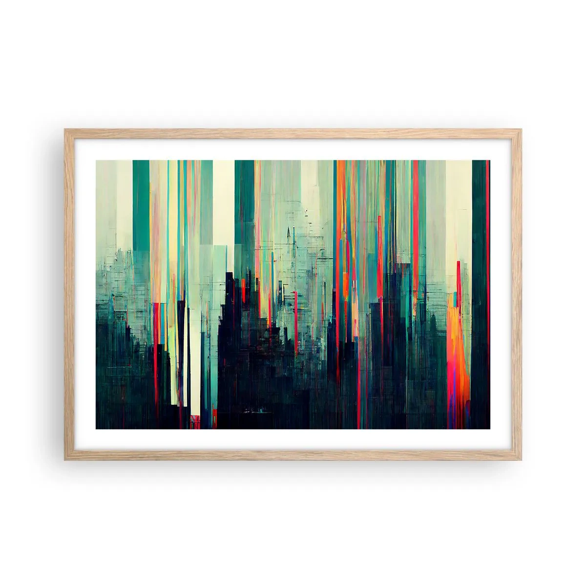 Plakat i ramme af lyst egetræ - Futuristisk by - 70x50 cm