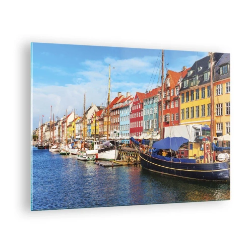 Billede på glas - Farverige kanalhuse i København - 70x50cm - Glædelig kaj - Moderne vægdekoration til stue og soveværelse ARTTOR
