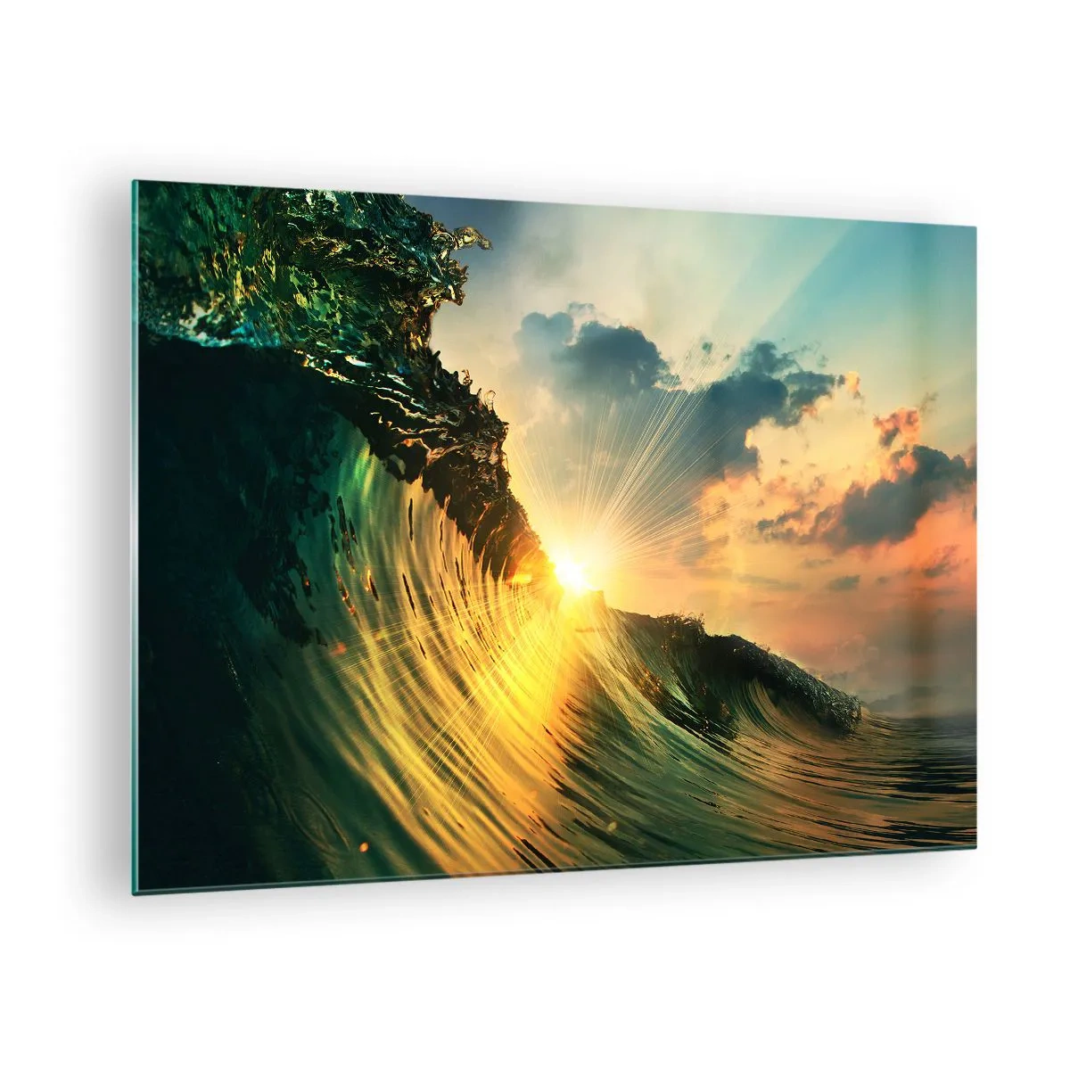 Billede på glas - Den nedgående sol oplyser havets bølger - 70x50cm - Surfer, hvor er du? - Moderne vægdekoration til stue og soveværelse ARTTOR