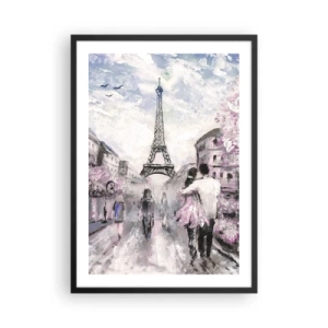 Plakat i sort ramme - En romantisk scene i Paris med Eiffeltårnet i baggrunden - 50x70cm - Hvis du bliver forelsket, er det kun i... - Moderne vægdekoration til stue og soveværelse ARTTOR