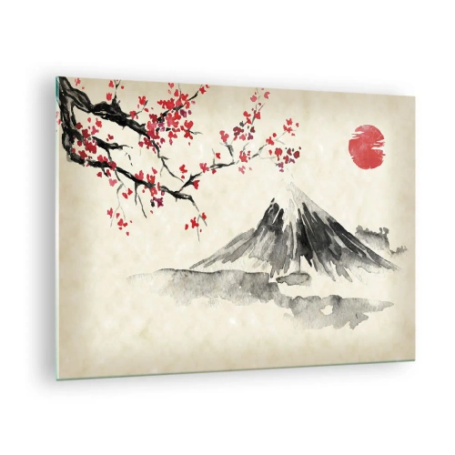 Billede på glas - Japansk akvarelmaleri af et bjerg og en blomstrende gren - 70x50cm - Bliv forelsket i Japan - Moderne vægdekoration til stue og soveværelse ARTTOR