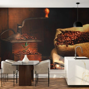 Fototapet Selvklæbende Deluxe Sticker - Stilleben med kaffebønner og kværn - Gastronomi, Kaffe, Kaffekværn - 100x70 cm
