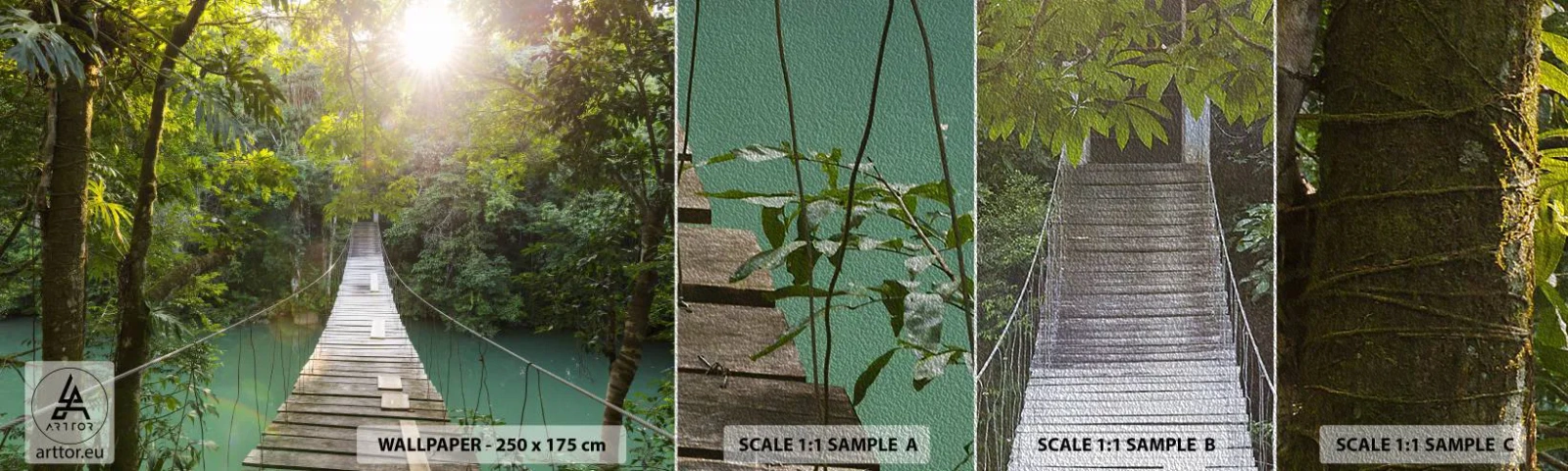 Prøve Fototapet Premium Sand - Over det azurblå vand til den azurblå skov - Landskab, Jungle, træbro - 100x30 cm