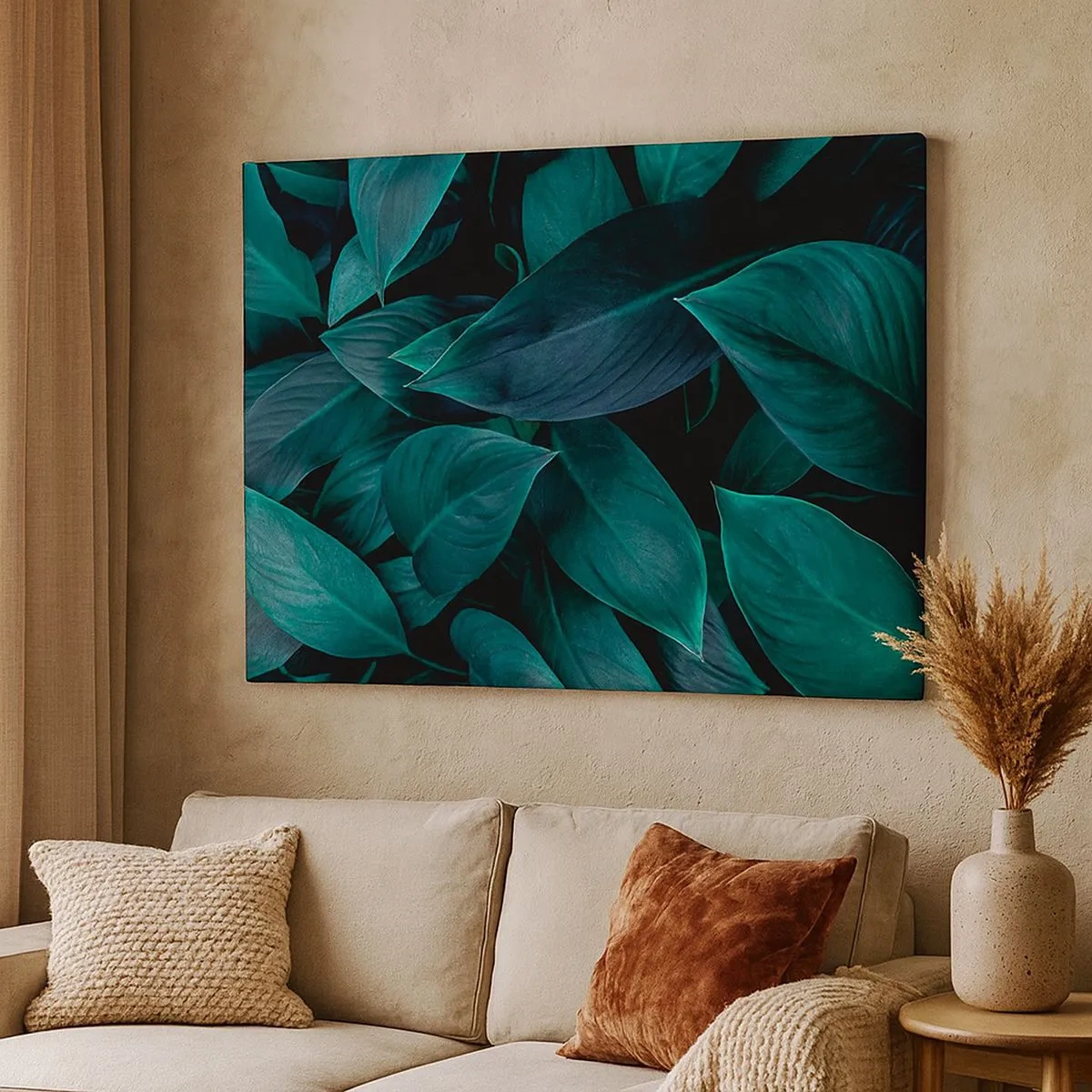 Lærredstryk - Billede på lærred - Nærbillede af grønne blade med en mørk baggrund - 70x50cm - Grønt i sig selv - Moderne vægdekoration til stue og soveværelse ARTTOR