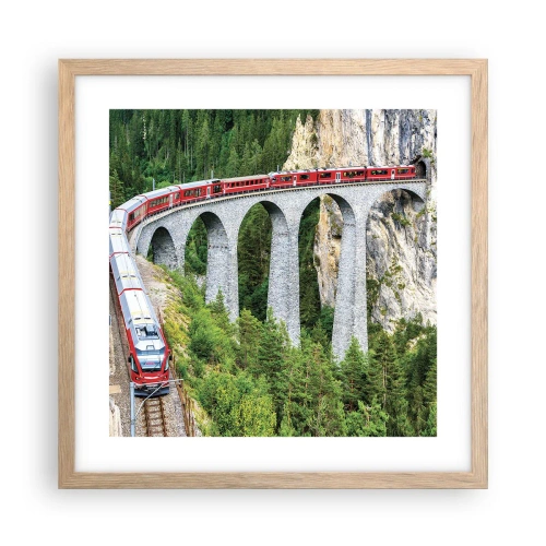 Plakat i ramme af lyst egetræ - Udsigt over bjergene til gengæld - 40x40 cm