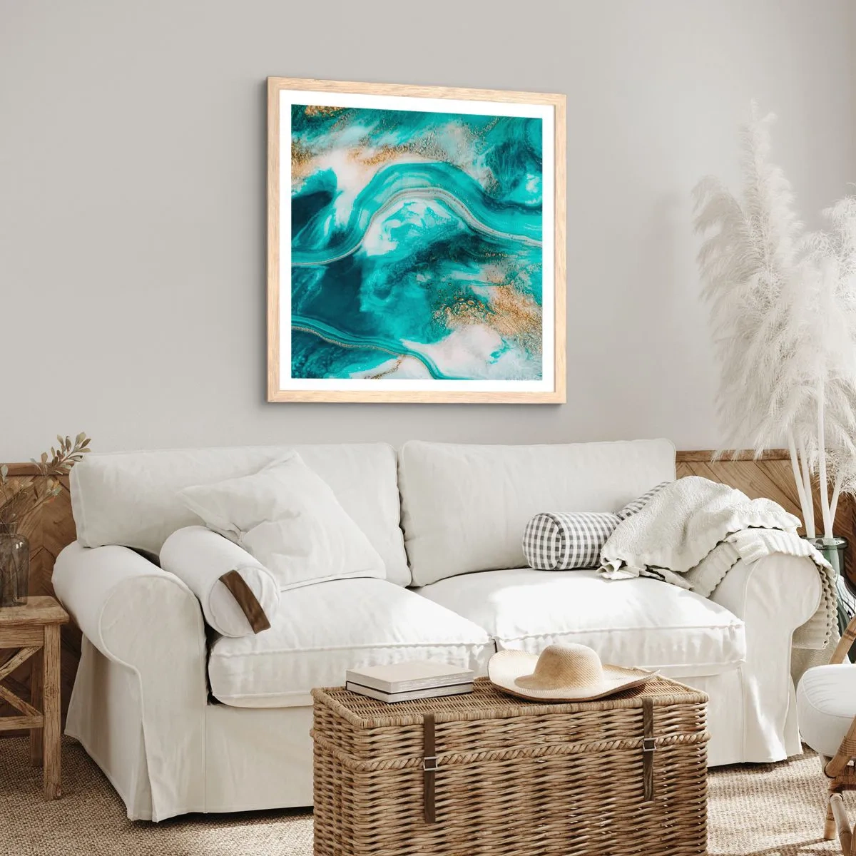 Plakat i ramme af lyst egetræ - Flod af guld - 60x60 cm