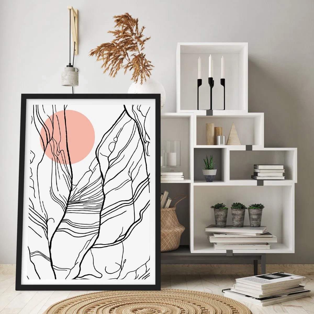 Plakat i sort ramme - Minimalistisk stregtegning med en lyserød cirkel i baggrunden - 50x70cm - I et netværk af kviste - Moderne vægdekoration til stue og soveværelse ARTTOR