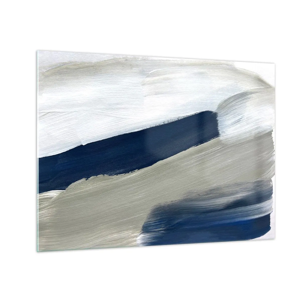 Billede på glas - Minimalistisk abstraktion med dynamiske strøg i hvid, marineblå og grå. - 70x50cm - Møde med det hvide - Moderne vægdekoration til stue og soveværelse ARTTOR