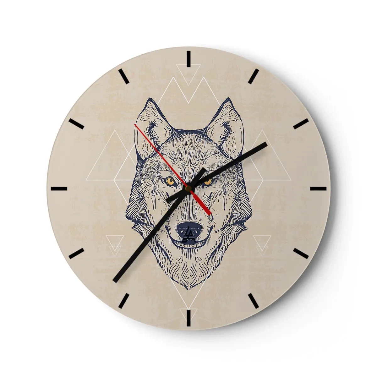 Vægur, Uret - Illustration af en ulv på en beige baggrund med geometriske mønstre - 30x30cm - En alfa med et gennemtrængende blik - Moderne vægdekoration til stue, køkken og soveværelse ARTTOR