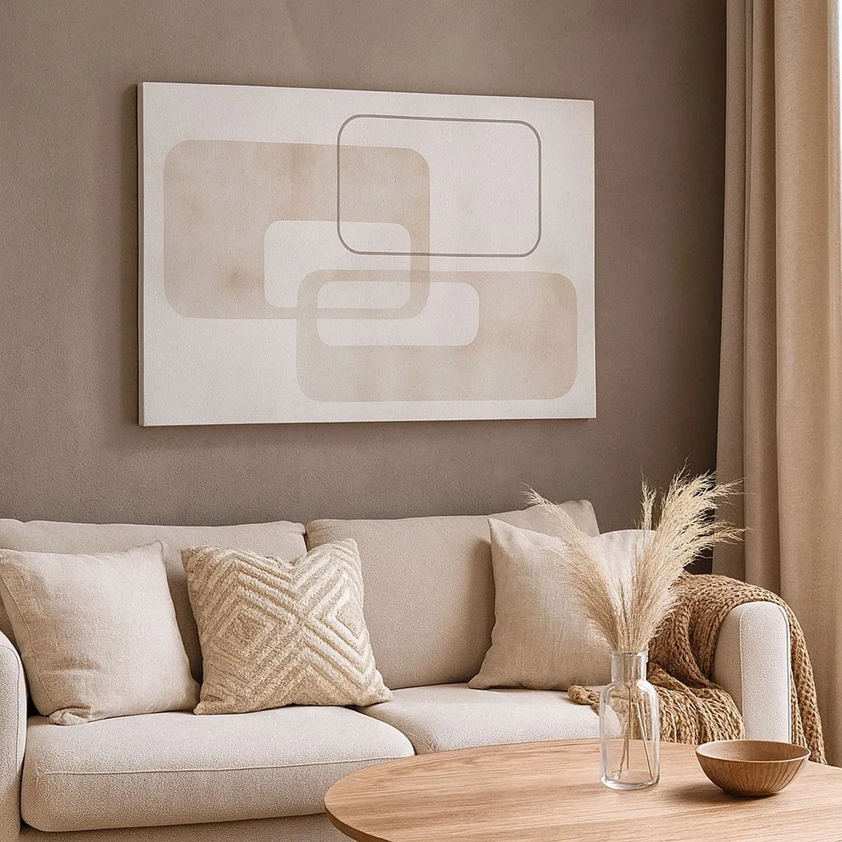 Lærredstryk - Billede på lærred - En minimalistisk komposition med rektangler i beige nuancer på en diskret baggrund. - 70x50cm - Geometrisk fuga - Moderne vægdekoration til stue og soveværelse ARTTOR