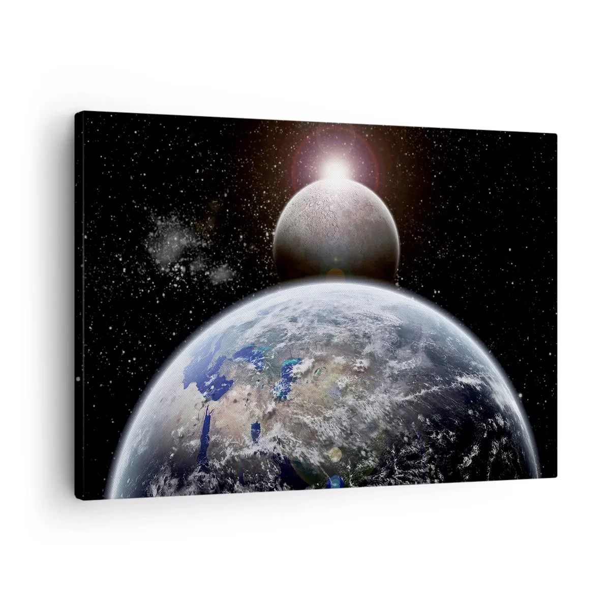 Lærredstryk - Billede på lærred - Planeten Jorden og Månen mod baggrund af det stjerneklare ydre rum. - 70x50cm - Kosmisk landskab - solopgang - Moderne vægdekoration til stue og soveværelse ARTTOR