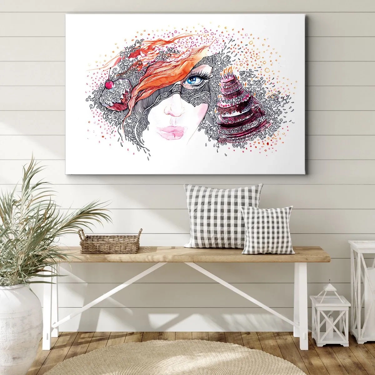 Lærredstryk - Billede på lærred - Kunstnerisk portræt af en kvinde med detaljer og en rød accent - 70x50cm - Hos hende er hver dag en ferie - Moderne vægdekoration til stue og soveværelse ARTTOR