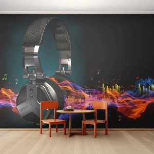Fototapet Premium Canvas - I musikkens varme - Abstraktion, musik, Hovedtelefoner - 300x210 cm