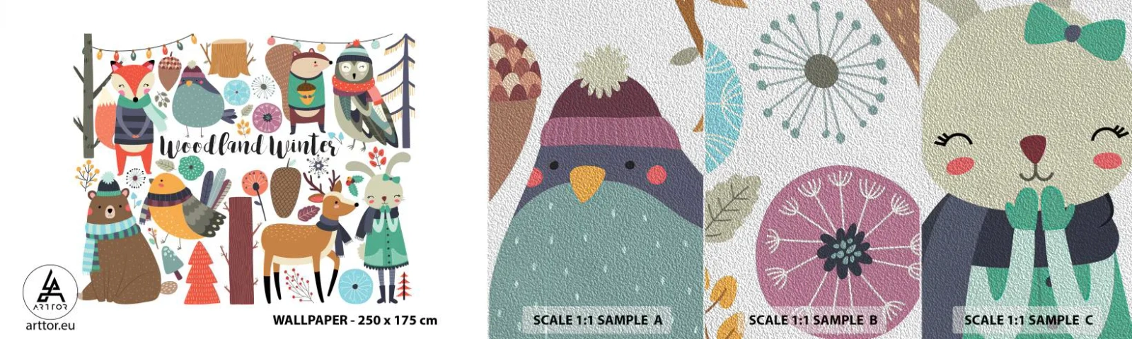 Prøve Fototapet Premium Sand - En eventyrlig jul i skoven - For børn, Vinter i Skoven, Dyr - 100x30 cm