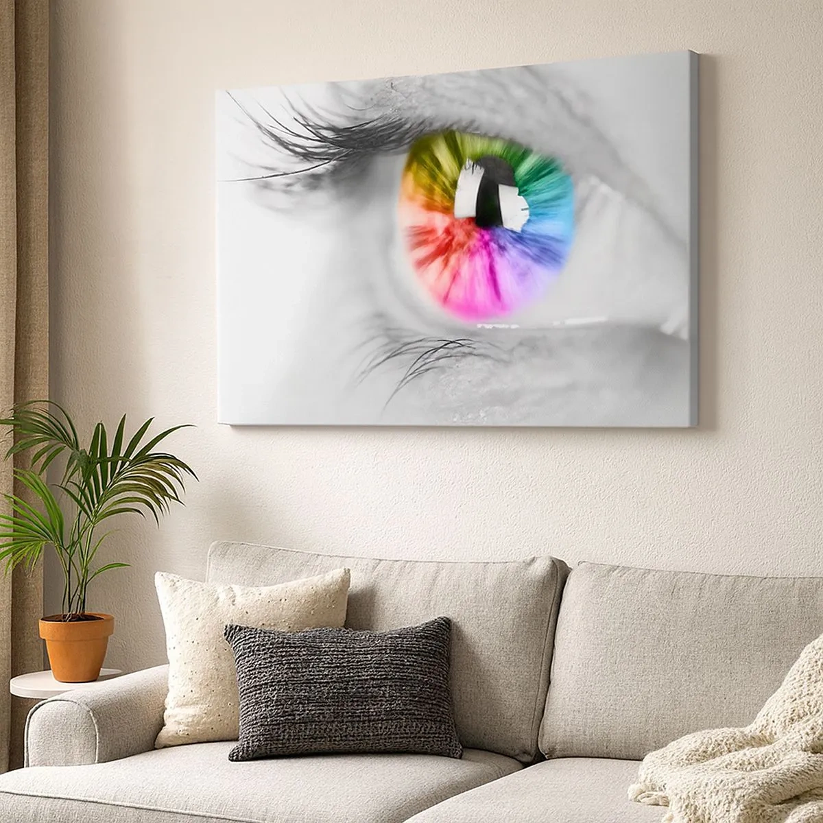 Lærredstryk - Billede på lærred - Kunstnerisk billede af et øje med en regnbuefarvet iris på en grå baggrund - 70x50cm - Se verden i farver - Moderne vægdekoration til stue og soveværelse ARTTOR
