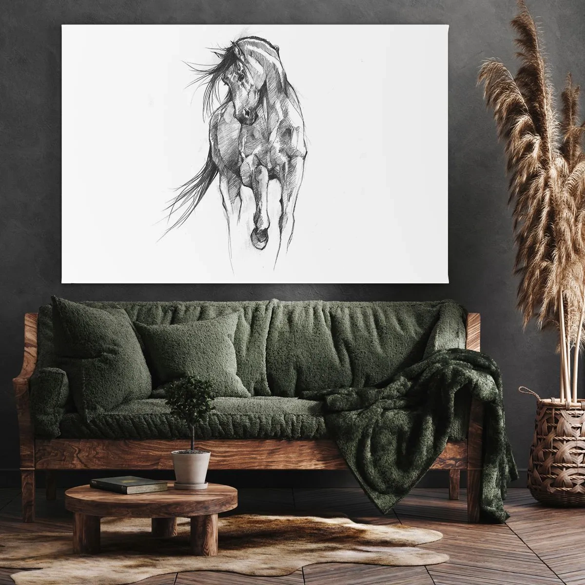 Lærredstryk - Billede på lærred - Sort og hvid skitse af en galoperende hest - 70x50cm - I en yndefuld trav - Moderne vægdekoration til stue og soveværelse ARTTOR