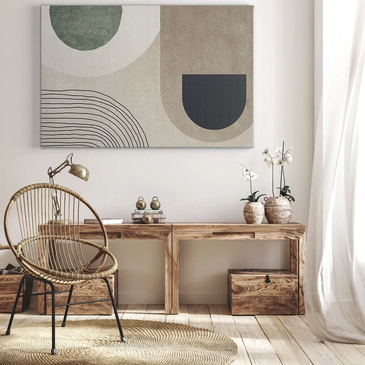 Lærredstryk - Billede på lærred - Geometriske former i beige og grønne nuancer - 70x50cm - Blidheden i en oval - Moderne vægdekoration til stue og soveværelse ARTTOR