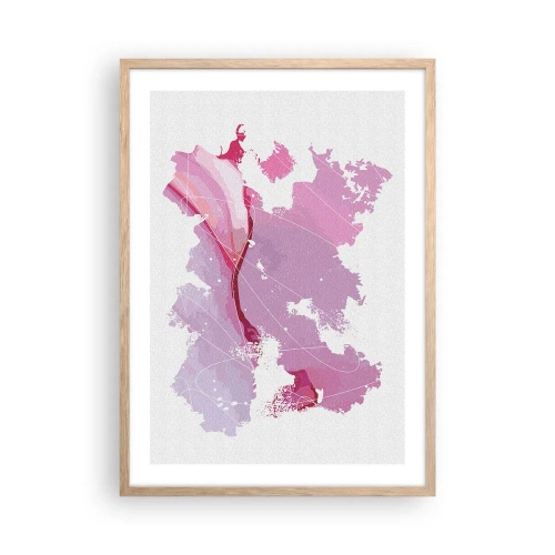 Plakat i ramme af lyst egetræ - Kort over en lyserød verden - 50x70 cm