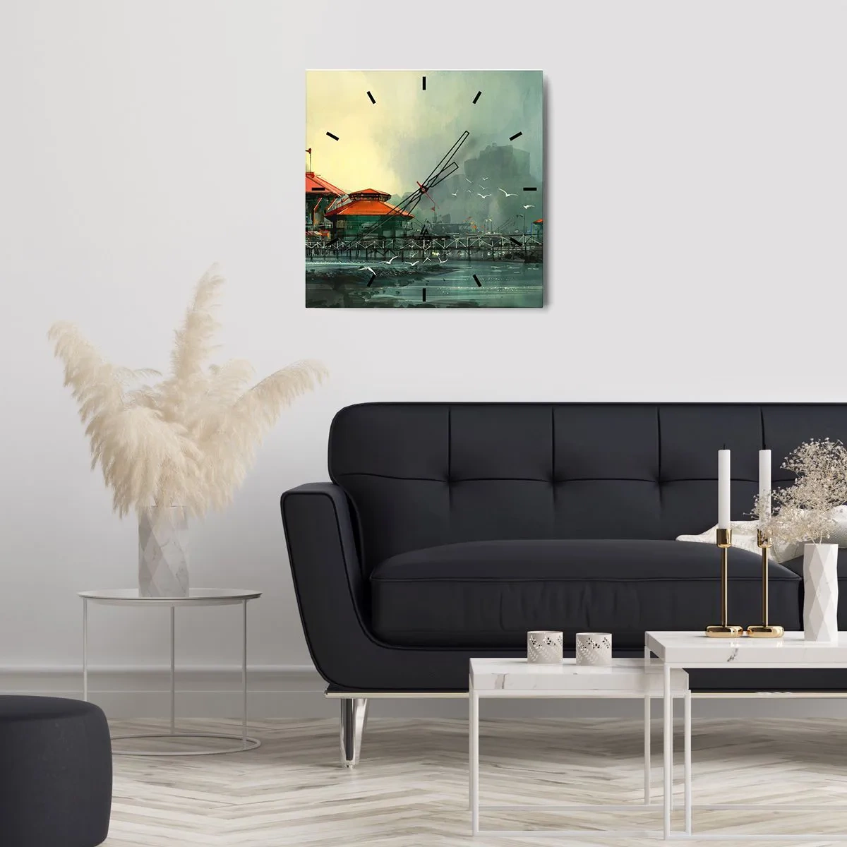 Vægur, Uret - En regnvejrsdag på havnen - 40x40 cm