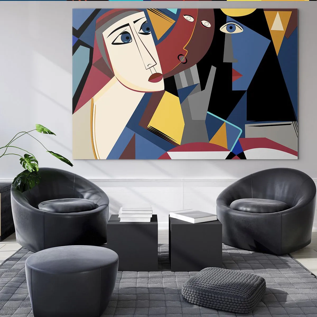 Billede på glas - Kubistiske ansigter i intense farver - 70x50cm - Kubistisk samtale - Moderne vægdekoration til stue og soveværelse ARTTOR
